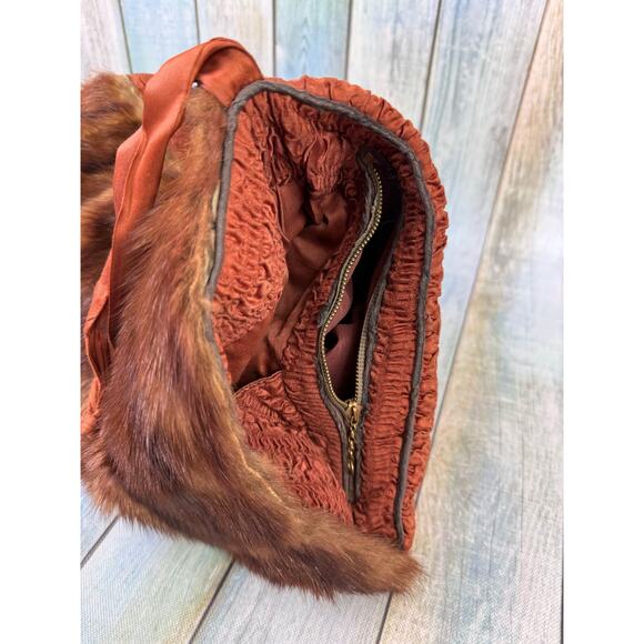 Mink Muff Vintage Fur Hand Warmer Inside Pocket Brown Fur Purse Wristlet 1940's - Picture 4 of 10